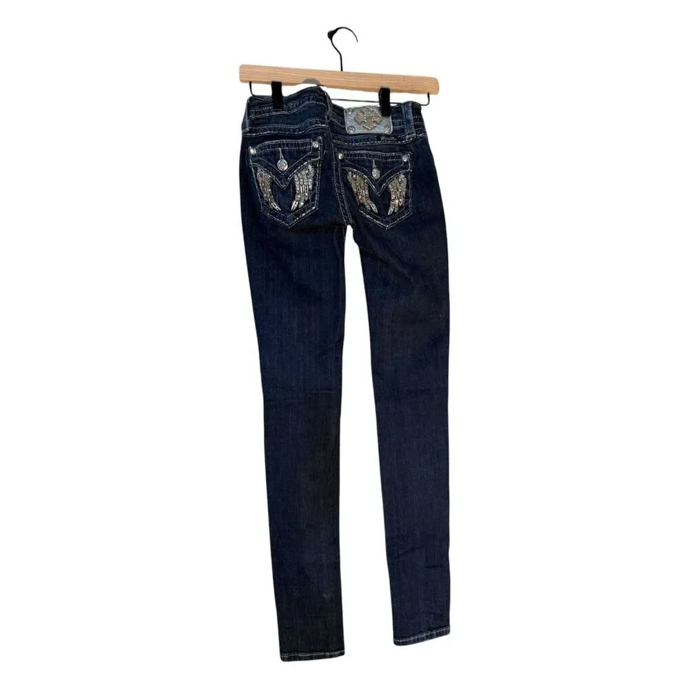 Miss Me Angel Wing Bling Embellished Flap Pocket Skinny Jeans Dark Denim Size 24